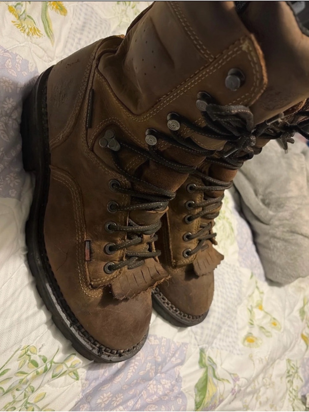 Georgia Boot Brown size 11w Leather Lace-Up Work Boots Fringe Tongue vibram sole